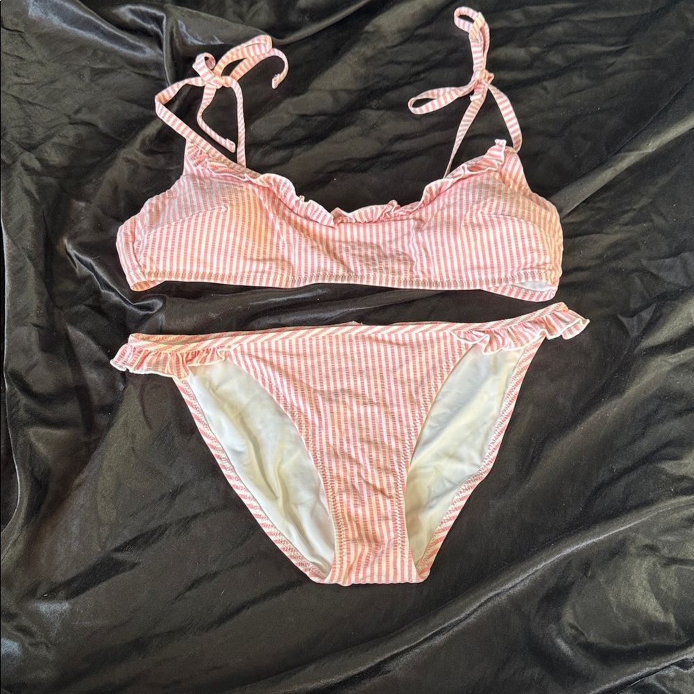 Pink and White Striped Bikini Set